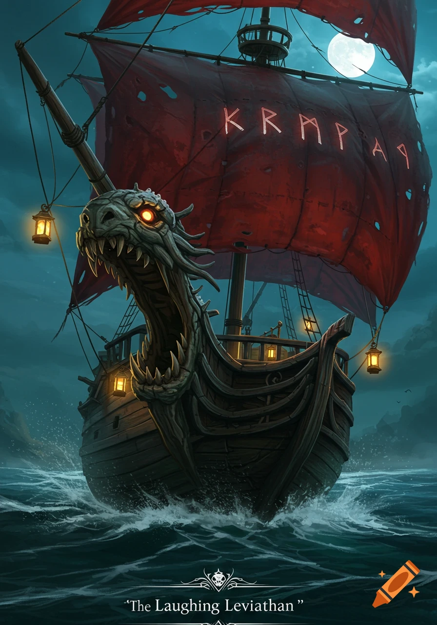 A menacing, dark fantasy ship with torn crimson sails and a monstrous dragon figurehead, illuminated by lanterns and moonlight, sails on dark, choppy waters.