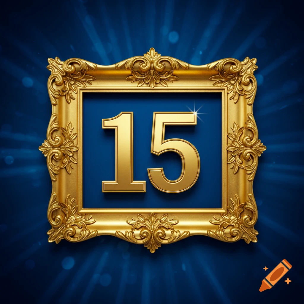 Shiny golden number 15 in an ornate golden frame on a deep blue background with light rays.