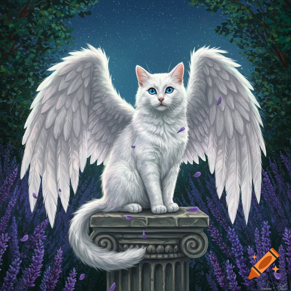 A white cat with large white wings and blue eyes sits on a stone pillar in a field of purple lavender flowers under a starry night sky.