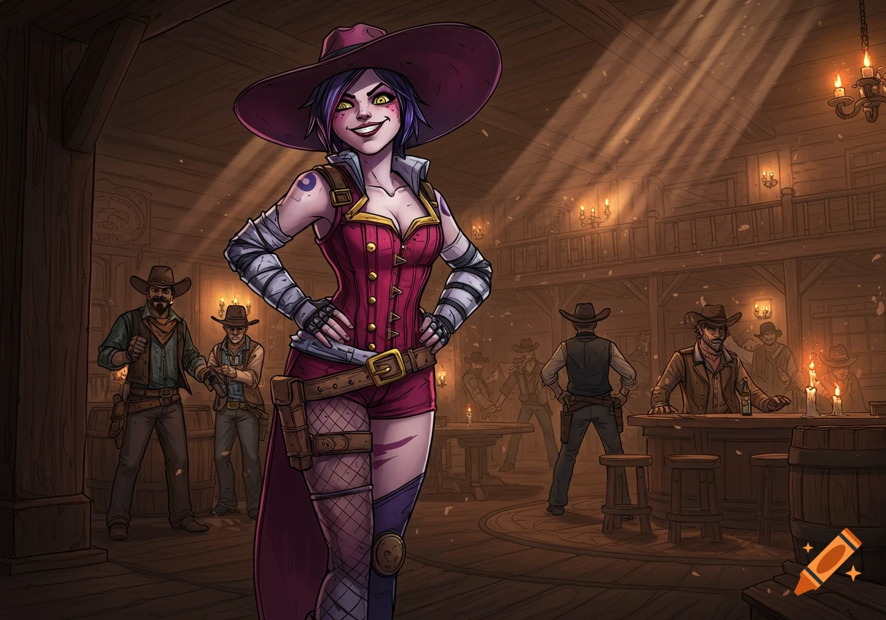 A stylized illustration of Moxxi from Borderlands in a Western saloon, wearing a wide-brimmed hat, corset, and shorts, with a mischievous grin.