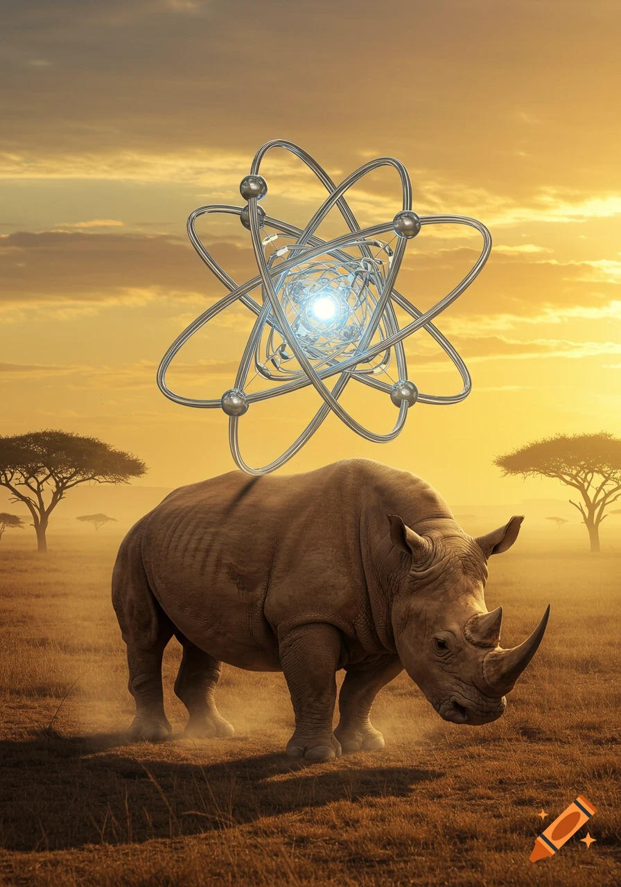 A photorealistic rhinoceros stands in a golden savanna field under a sky with an orbiting, glowing atom structure above its back.