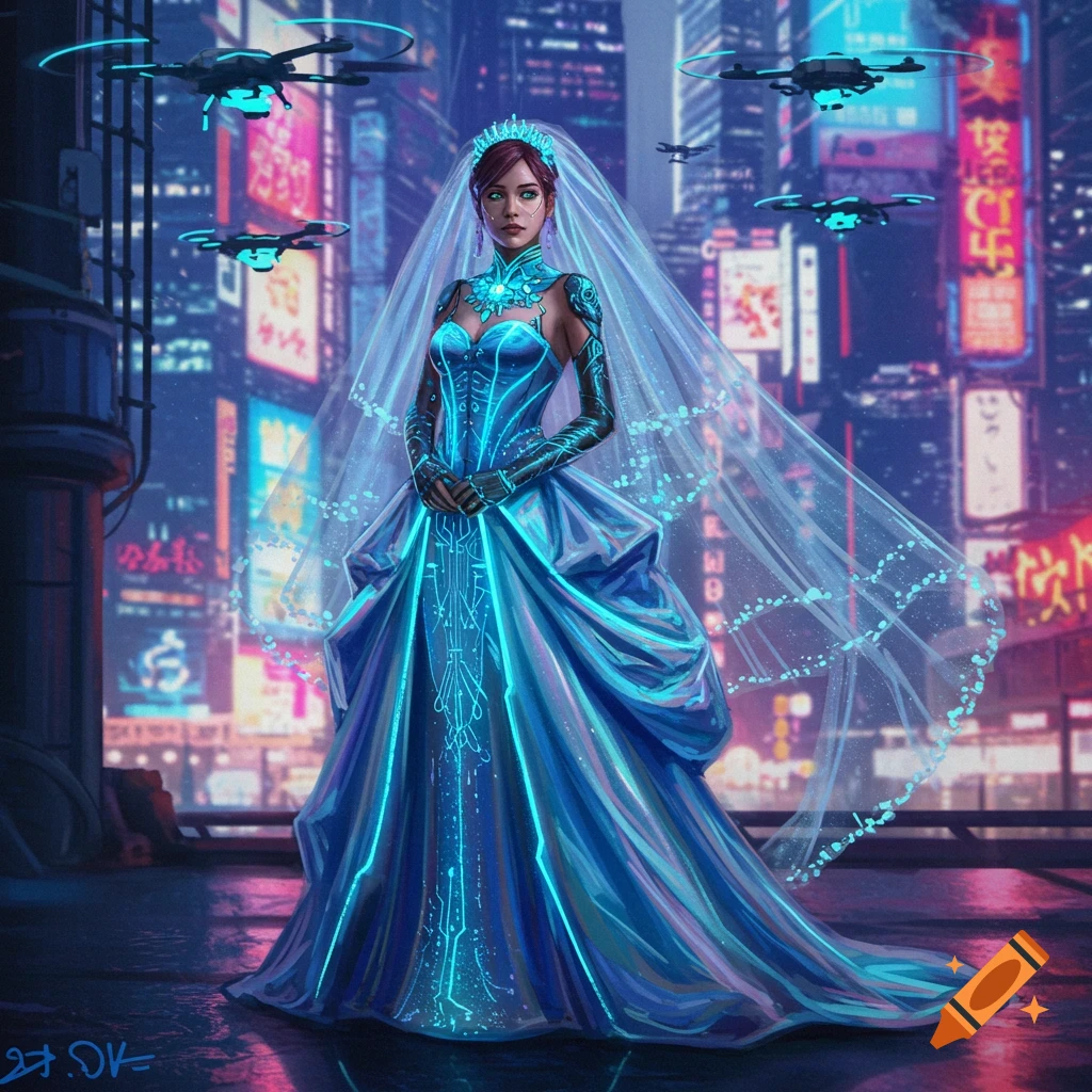 A woman in a glowing blue cyberpunk wedding dress stands in a futuristic city with neon signs and drones flying overhead.