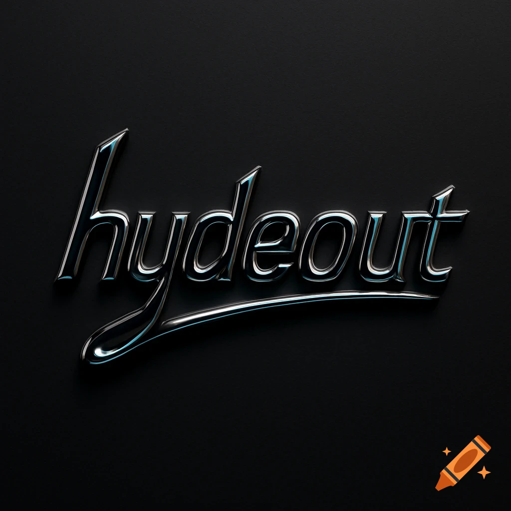 A shiny, metallic 'hydeout' logo against a dark background.