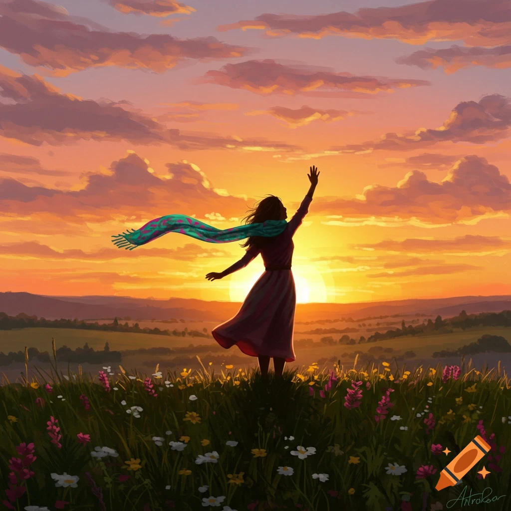A woman stands in a field of wildflowers, raising one arm towards a vibrant sunset over rolling hills, in an illustrated style.