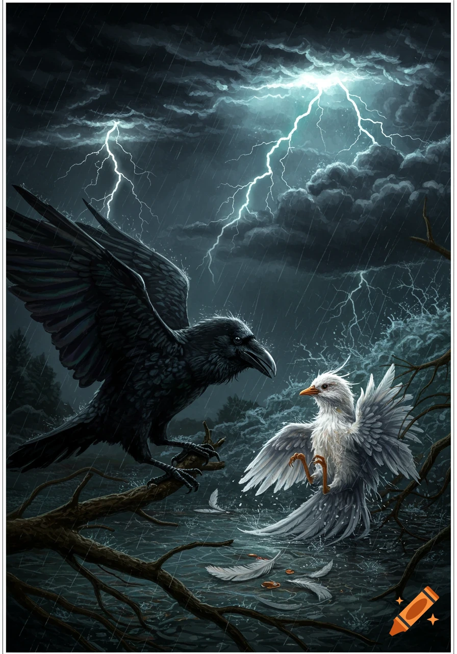 A black raven on a branch faces a white bird amidst a stormy night with rain and lightning.