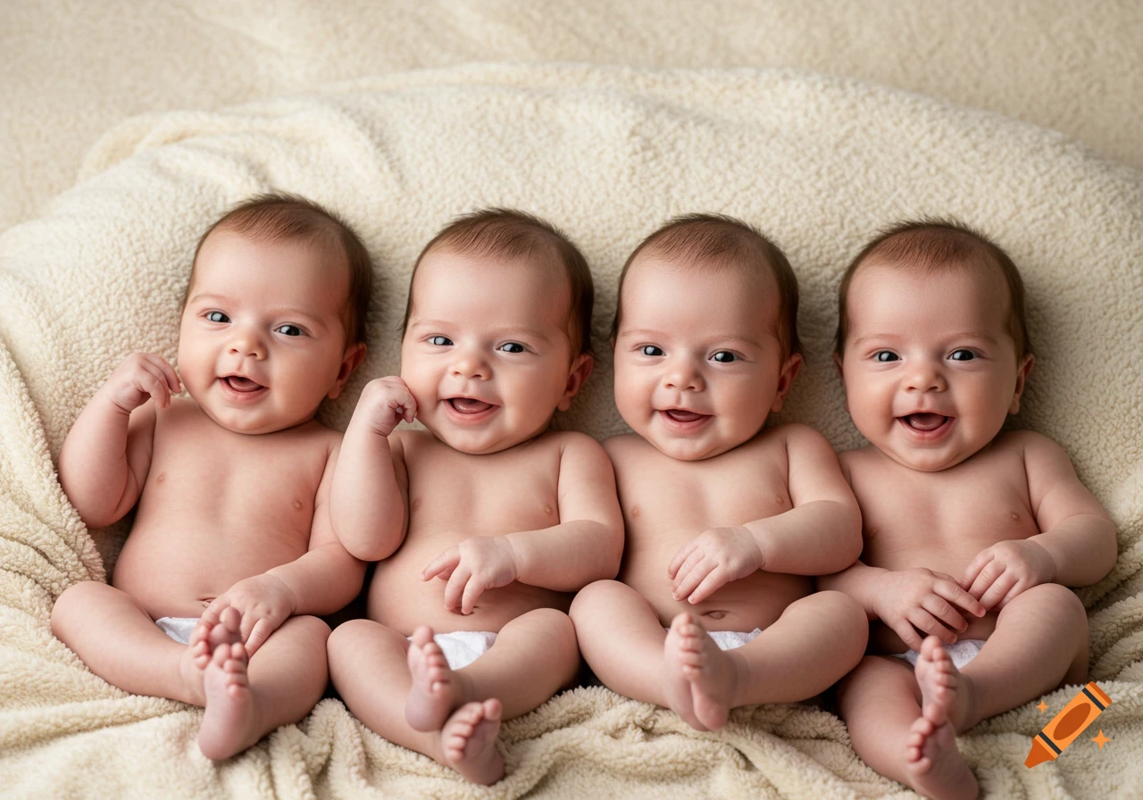 Four smiling baby quadruplets lying on a cream-colored blanket in a photorealistic style.