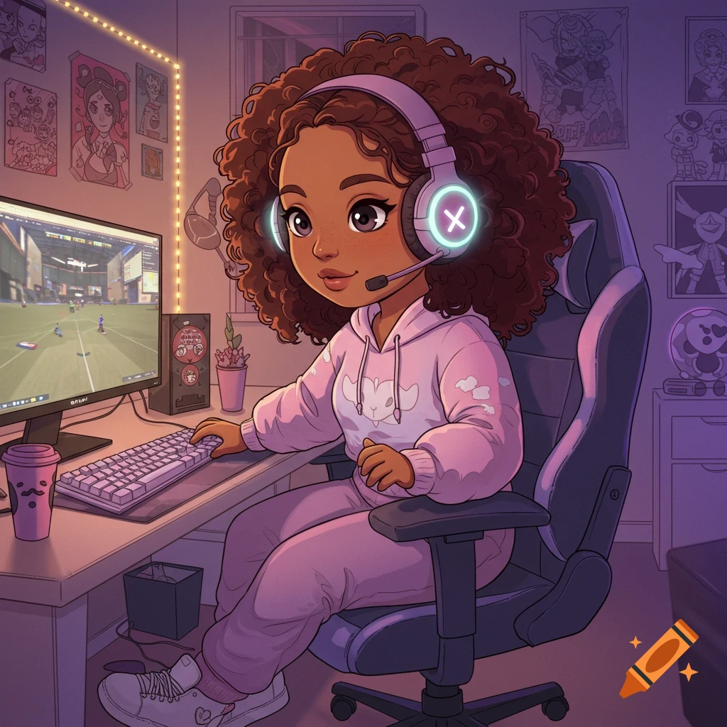 A cartoon Latina gamer girl with curly hair wearing headphones and a pink hoodie, sitting at a desk and playing a video game on a computer.