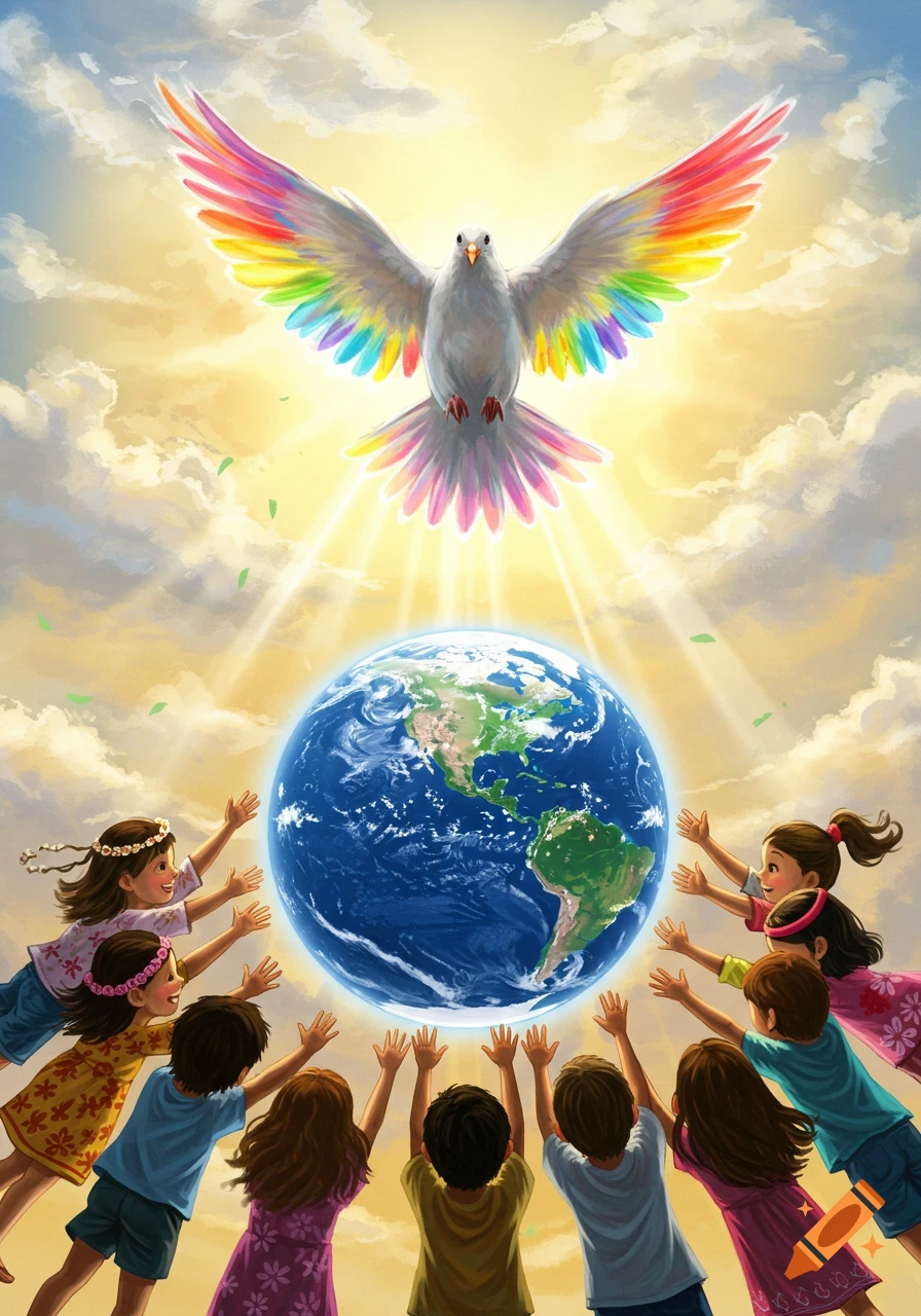 Children reach towards a glowing Earth, as a white dove with rainbow wings flies above in a bright sky, symbolizing peace. Illustrated style.