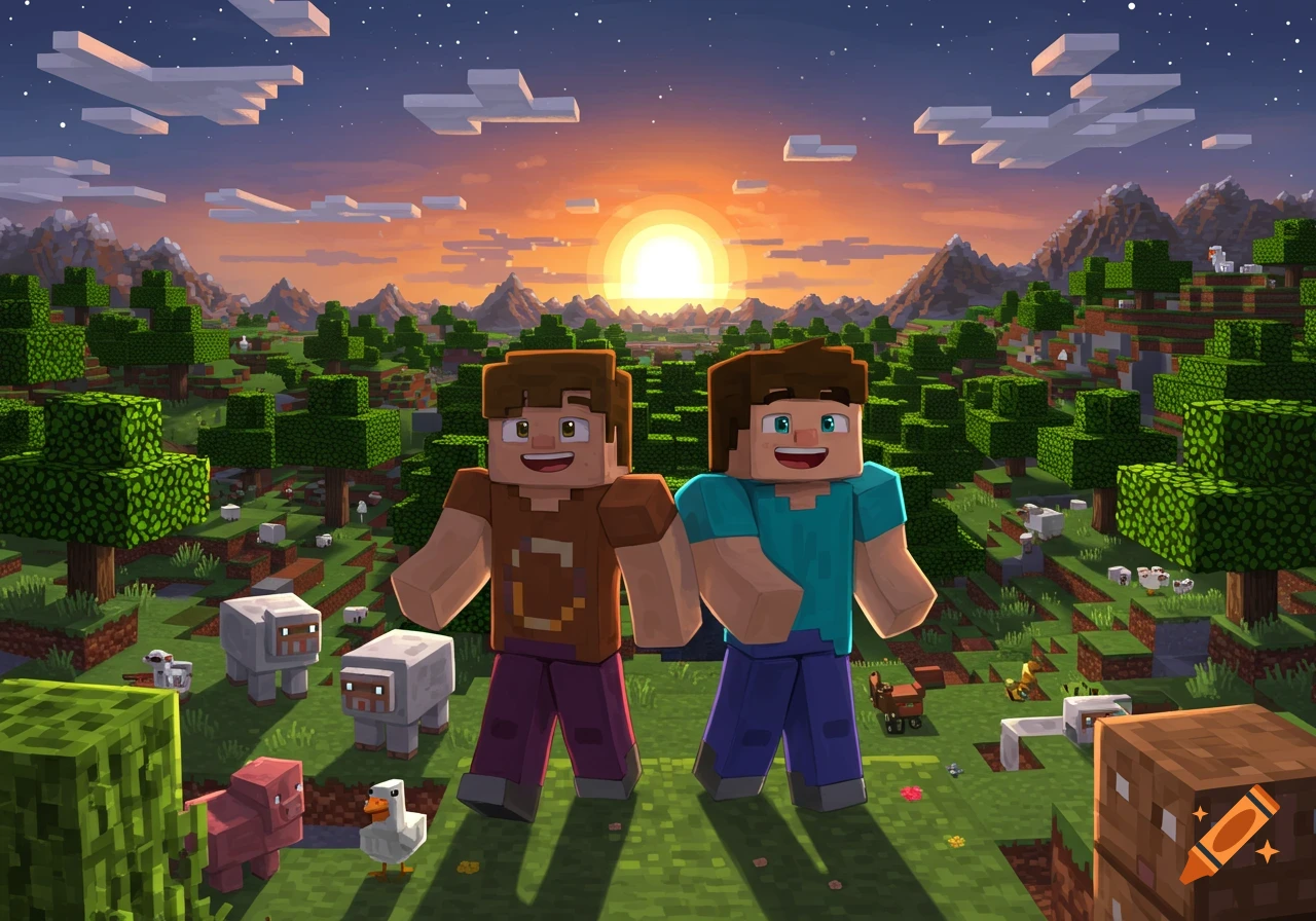 Two blocky Minecraft characters, one in brown and one in teal, stand in a vibrant blocky landscape at sunset.