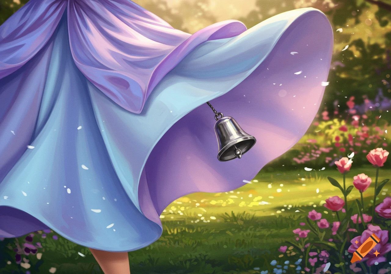 A flowing lavender and blue skirt with a silver bell attached, shown in a sunny field with pink and red flowers.
