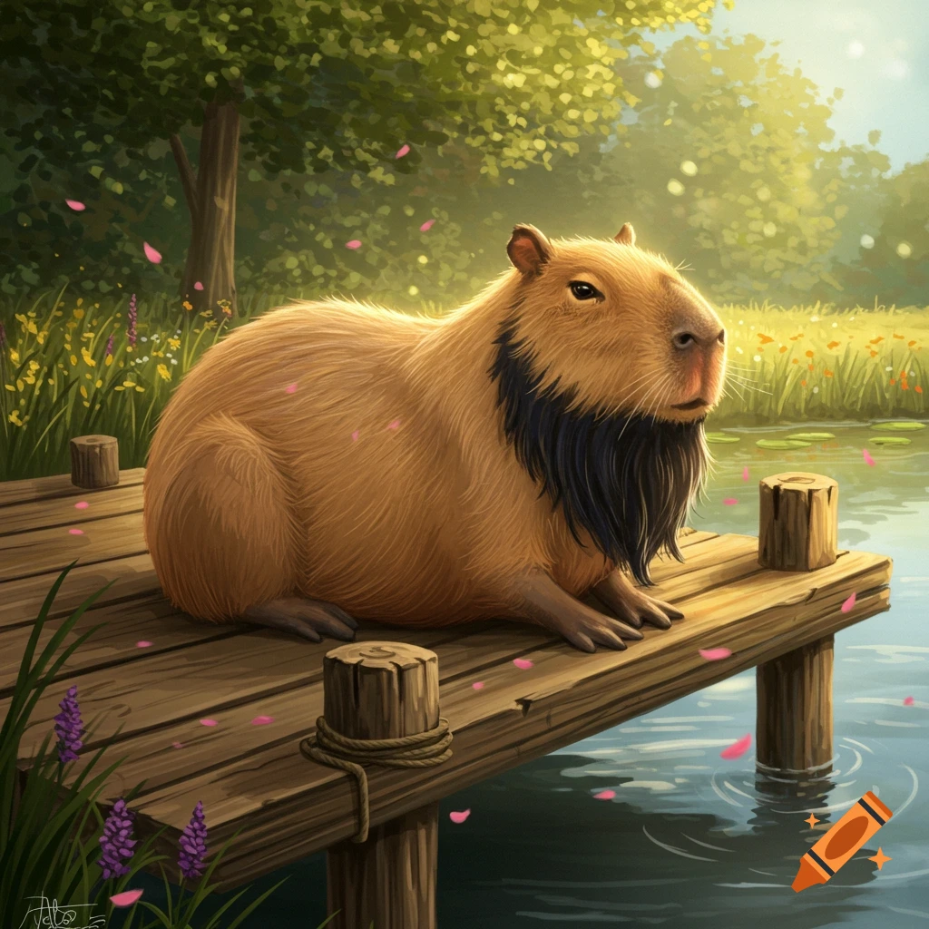 A capybara with a long black beard sits on a wooden dock next to a calm lake, with trees and falling pink petals in the background.