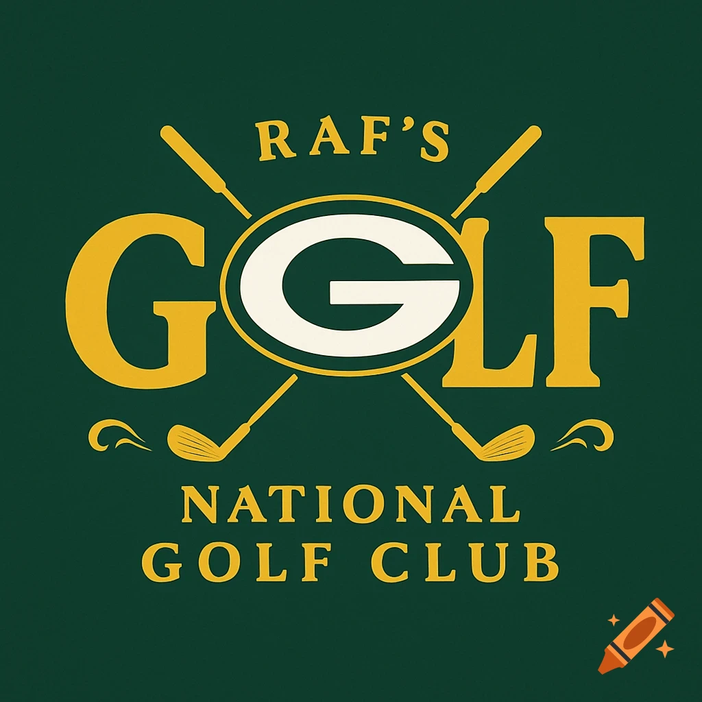 A green and gold logo for RAF'S GOLF NATIONAL GOLF CLUB, featuring crossed golf clubs and a large G.