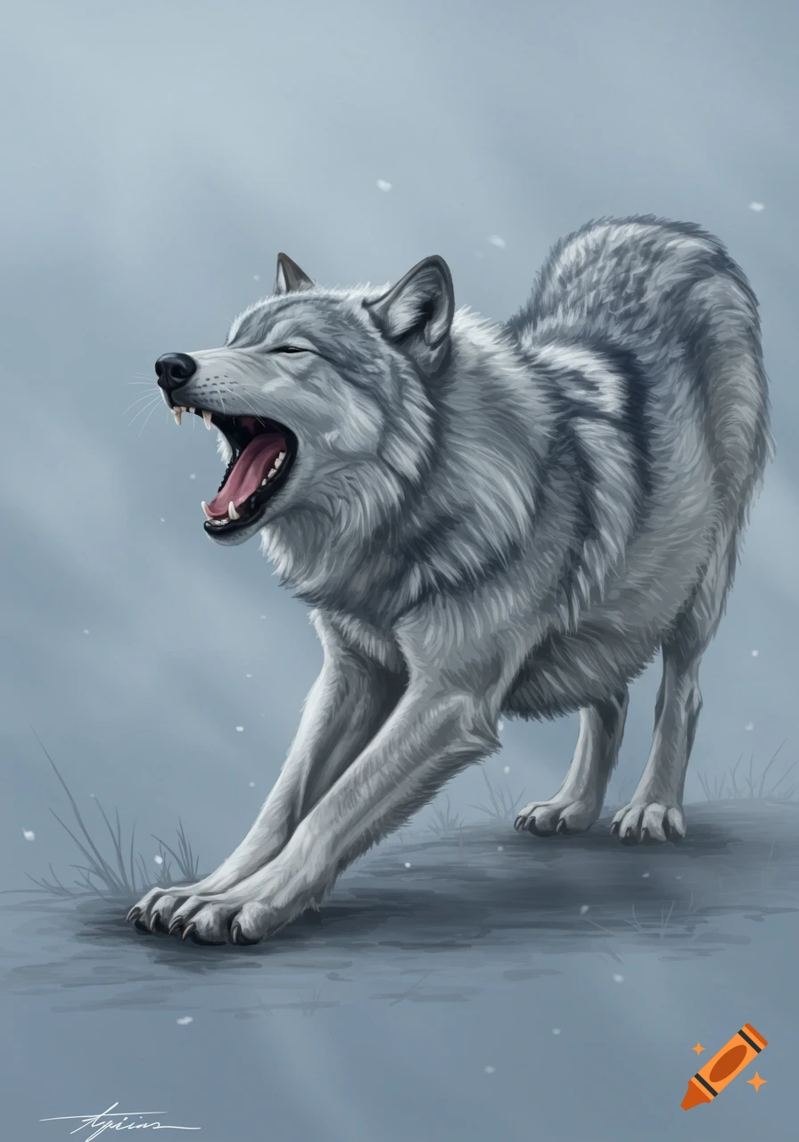 A gray wolf stretches and yawns, mouth wide open, in a bluish-gray snowy landscape, stylized illustration.