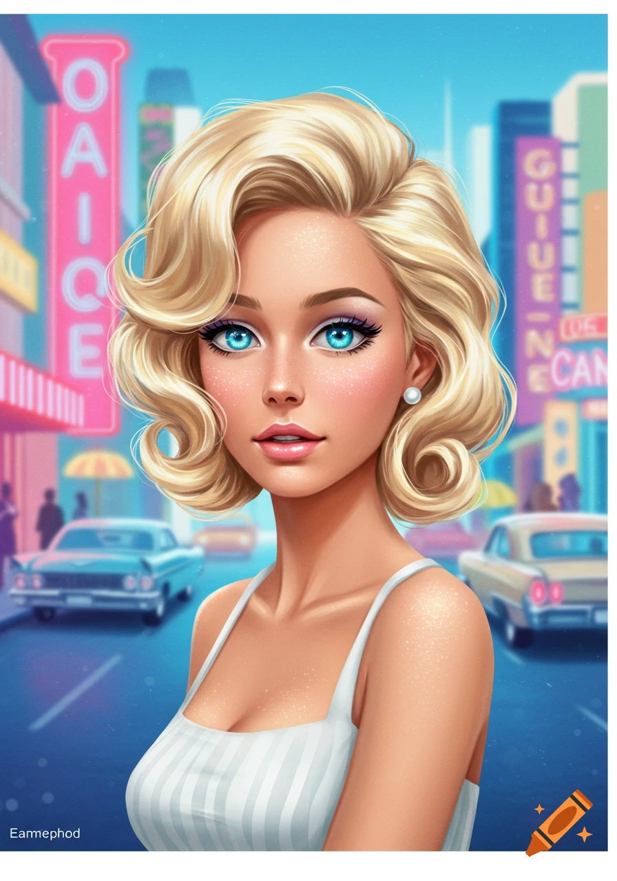 A stylized digital art portrait of a blonde woman with bright blue eyes and curled hair, against a blurred 1960s city street with neon signs and vintage cars.