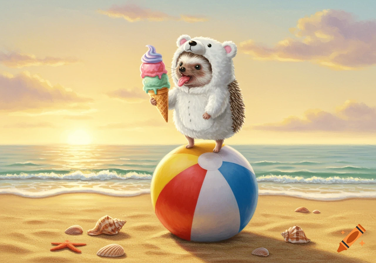 A cute hedgehog in a polar bear costume balances on a beach ball, holding a large ice cream cone on a sunny beach.