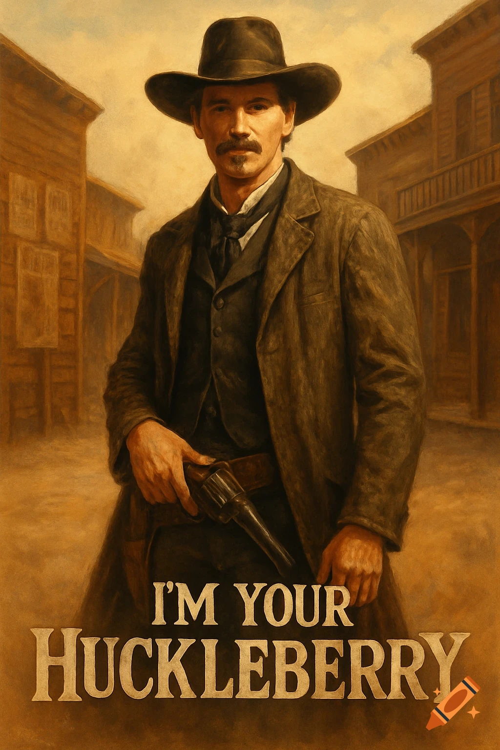 A painterly portrait of a cowboy in a hat and long coat, holding a revolver, in a dusty western town. Text reads 'I'M YOUR HUCKLEBERRY'.