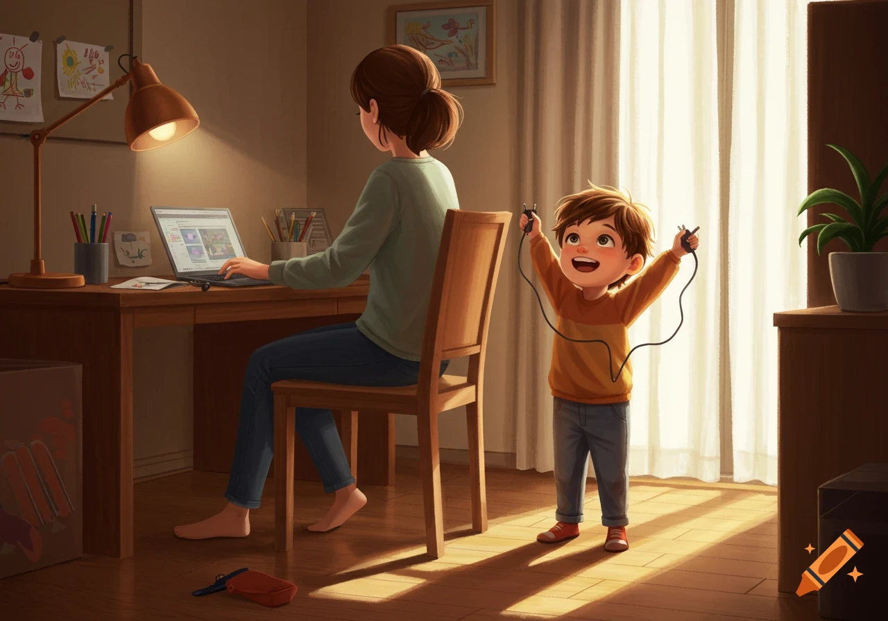An illustrated scene of a mother working on a laptop at a desk, while her happy young child stands next to her holding two electrical plugs.