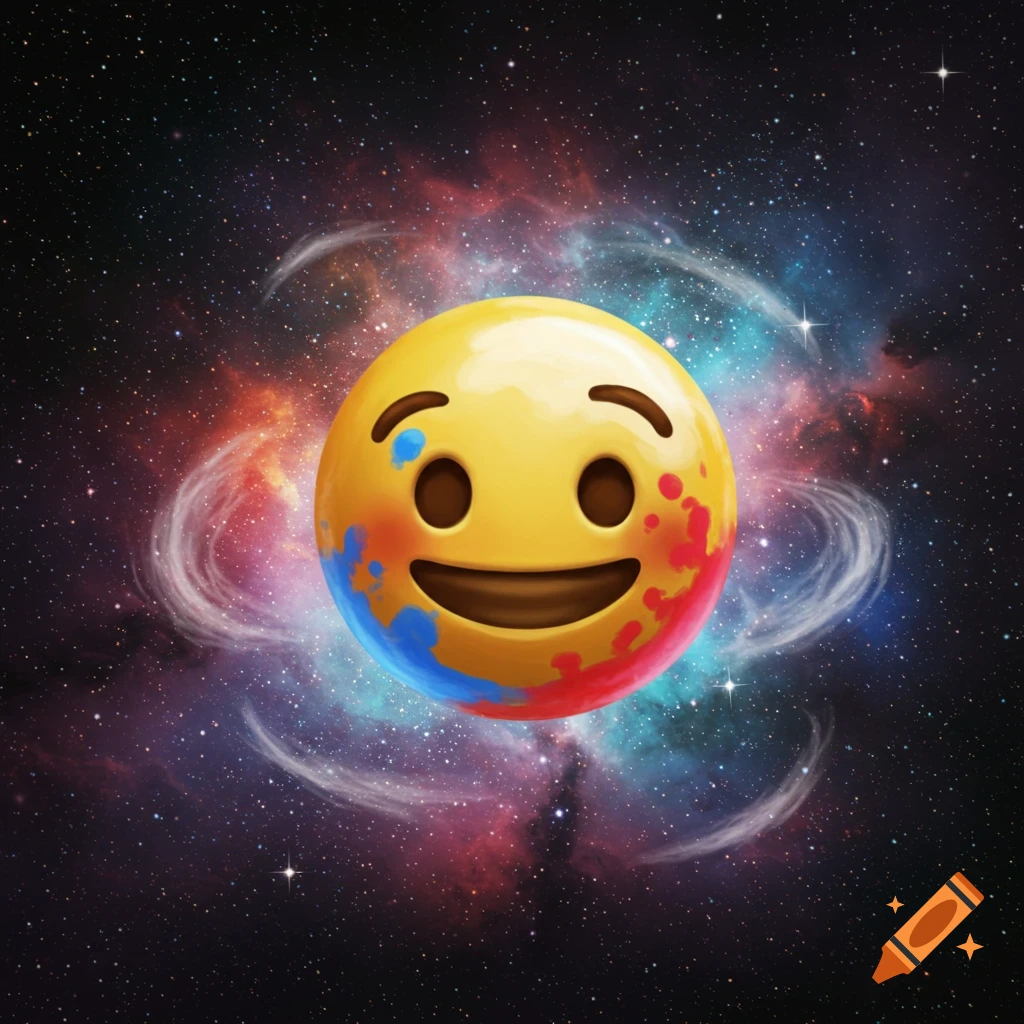 A happy yellow emoji, partially splattered with red and blue paint, floats in a vibrant cosmic galaxy with swirling nebulae and stars.