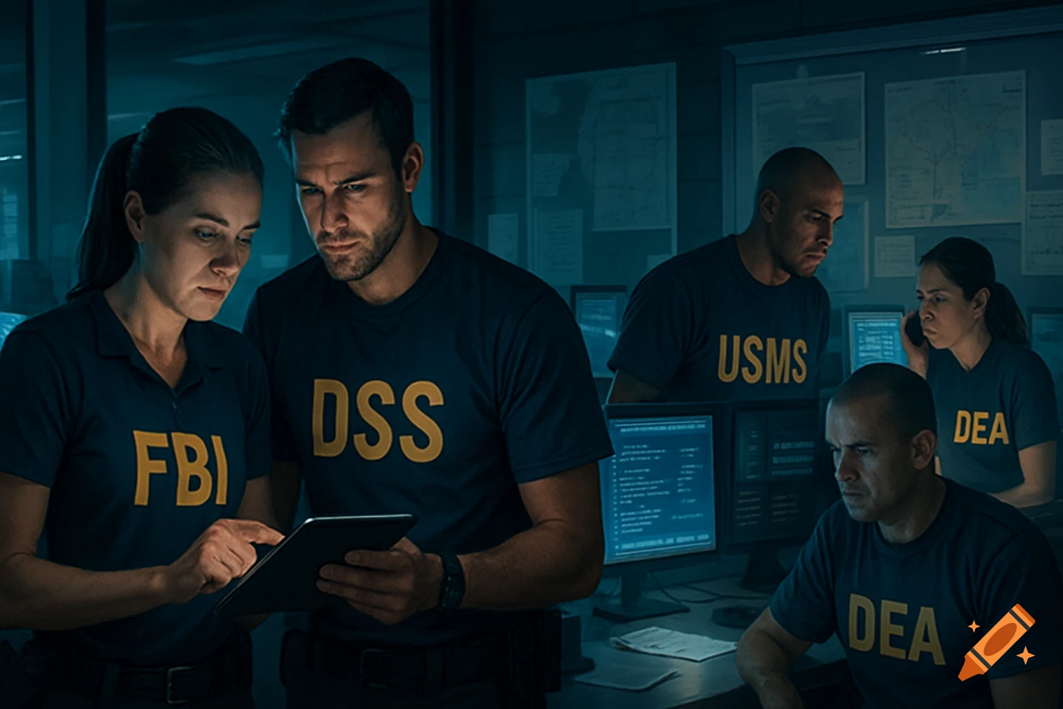 Photorealistic image of federal agents from FBI, DSS, USMS, and DEA working in a dimly lit command center.