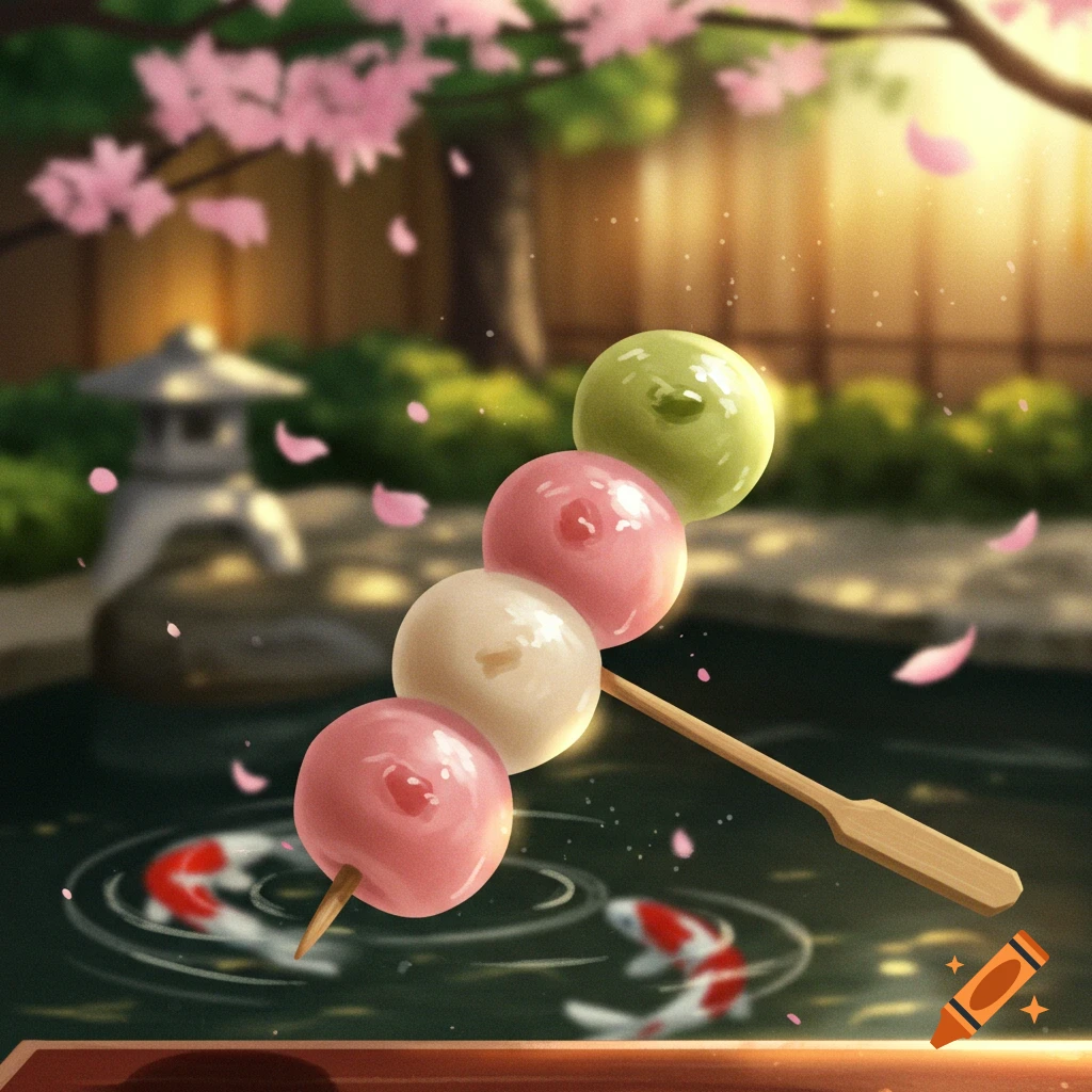 Colorful dango on a stick in a Japanese garden with cherry blossoms and koi pond, anime style.