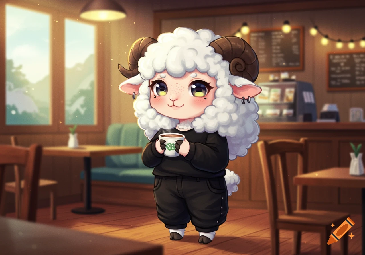 A cute chibi sheep character with horns and piercings, wearing black clothes, holding a coffee cup in a cafe.