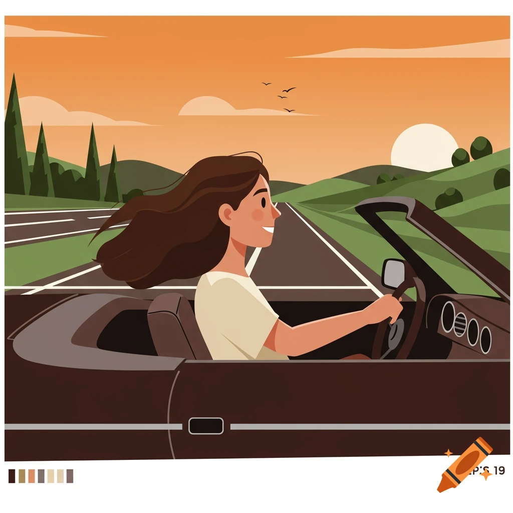 Stylized illustration of a woman with long brown hair driving a dark convertible car on a highway at sunset.