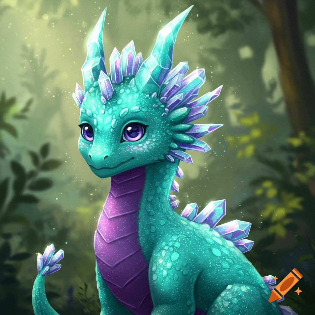 A cute turquoise glitter dragon with a purple belly, crystal horns, and a short crystal tail sits in a magical forest.