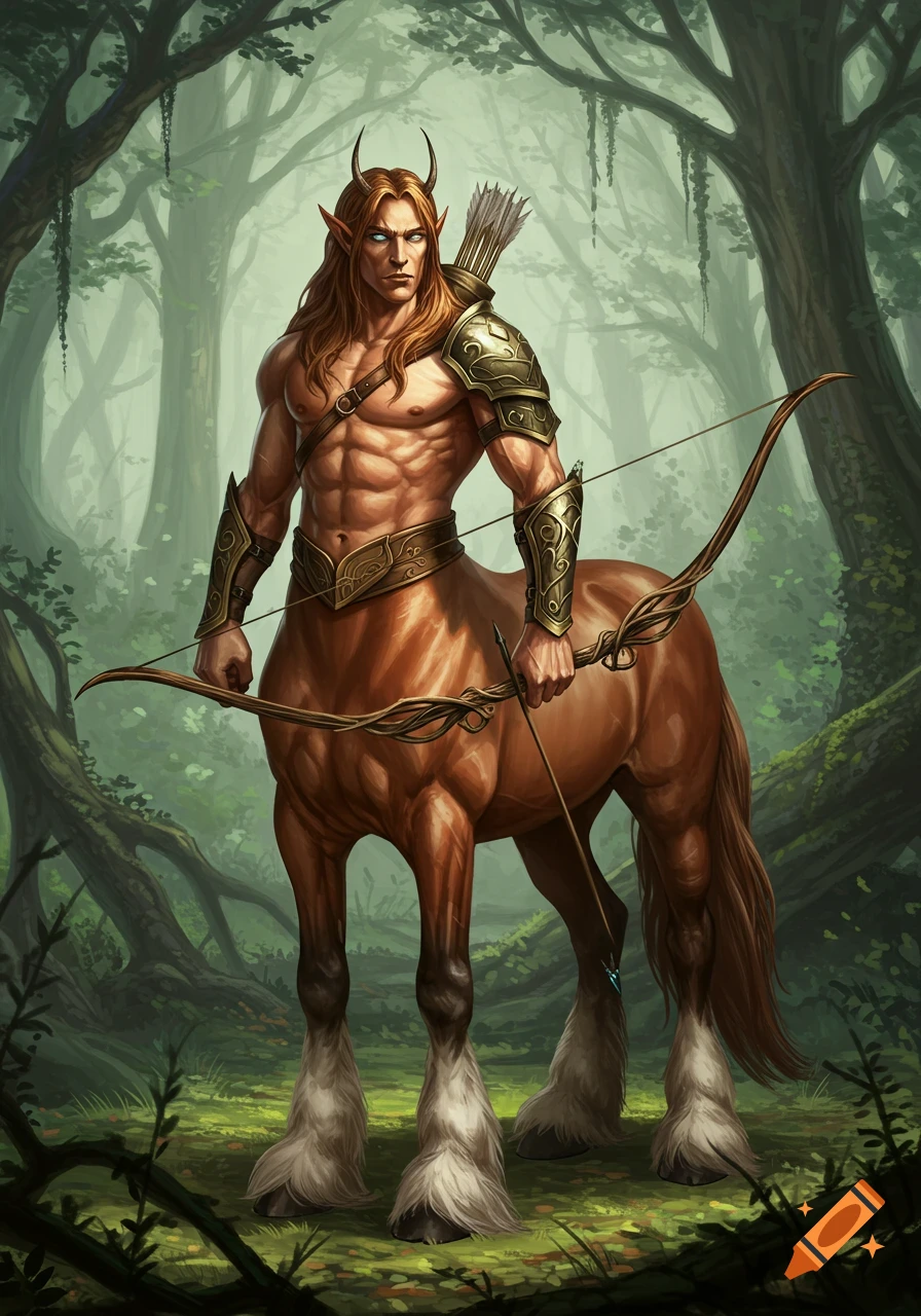 A muscular male centaur warrior with elf ears and long hair stands in a forest, holding a fancy bow with a quiver of arrows on his back.