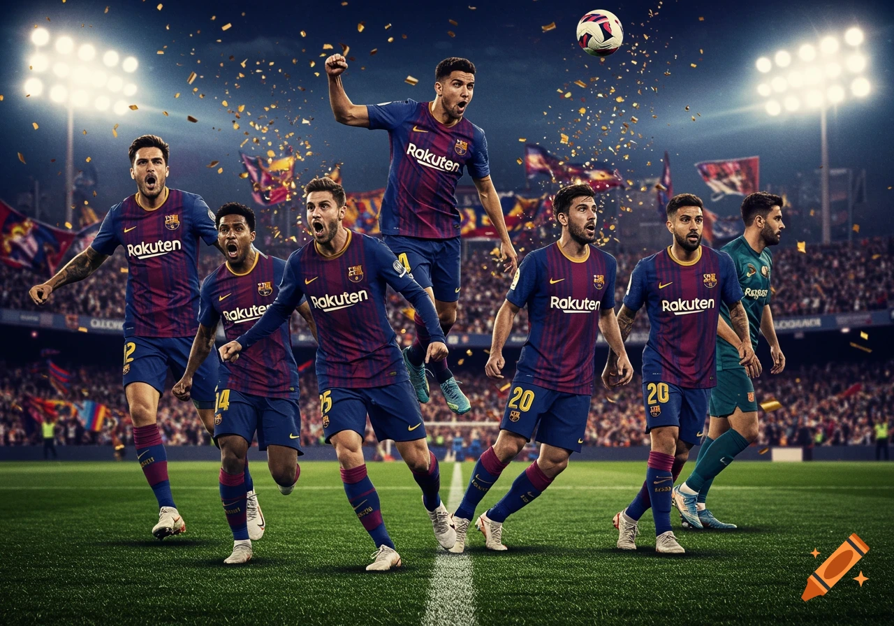 Vibrant image of FC Barcelona soccer players celebrating on the field, with confetti falling and stadium lights shining.