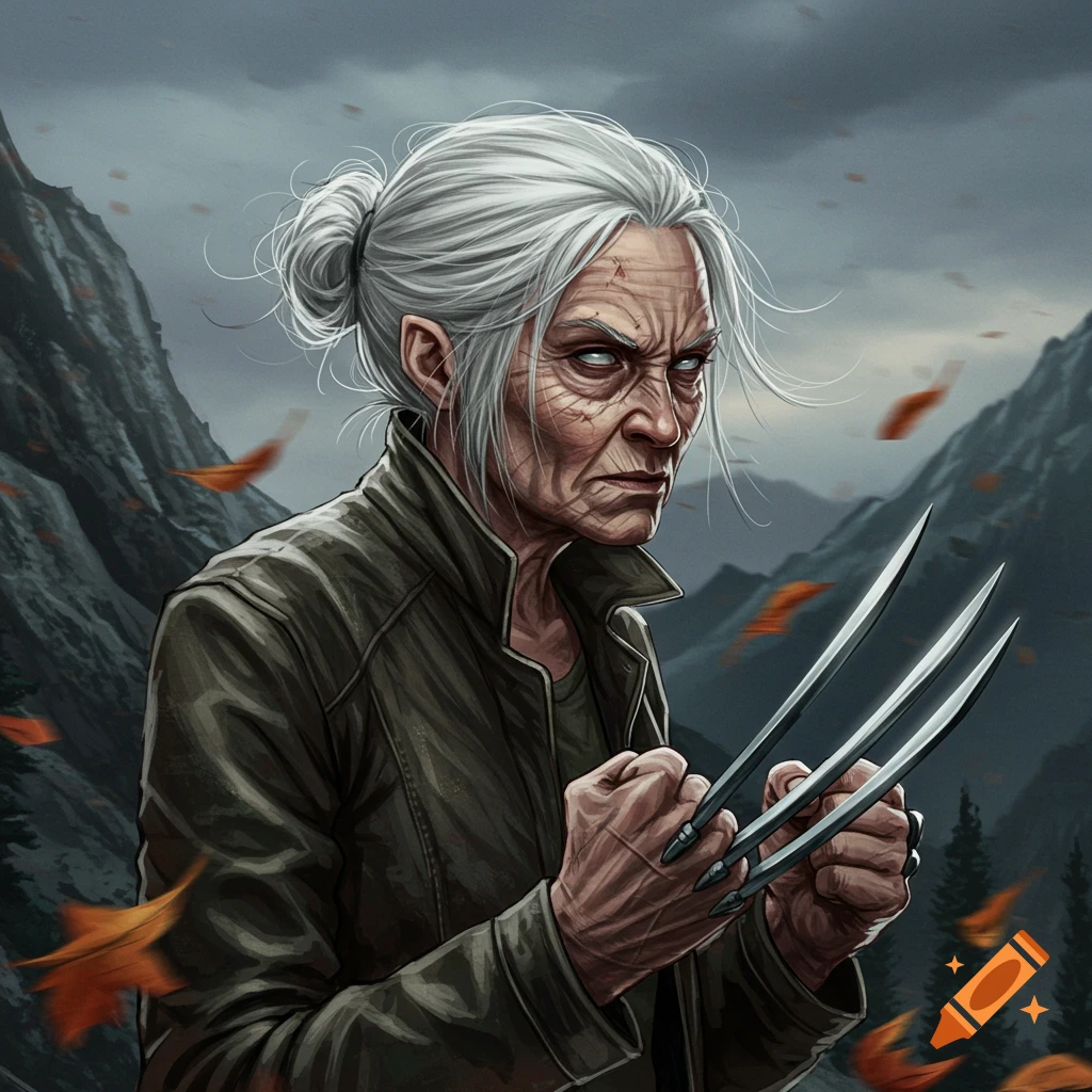 Illustration of an elderly woman with white hair and a stern expression, holding out three metal claws from each hand, against a backdrop of mountains and falling leaves.