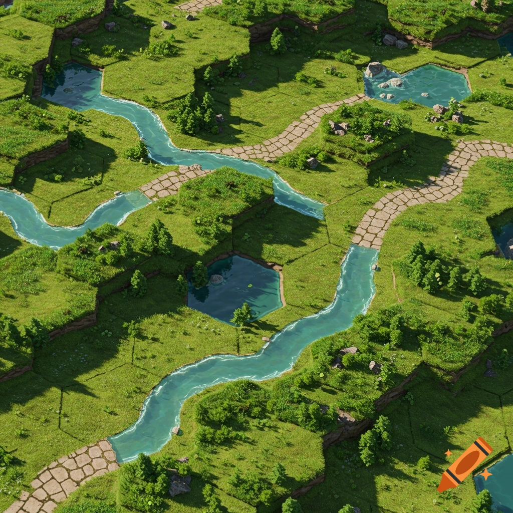 Overhead isometric view of hexagonal game tiles with winding rivers, stone paths, and green grassy terrain with trees.