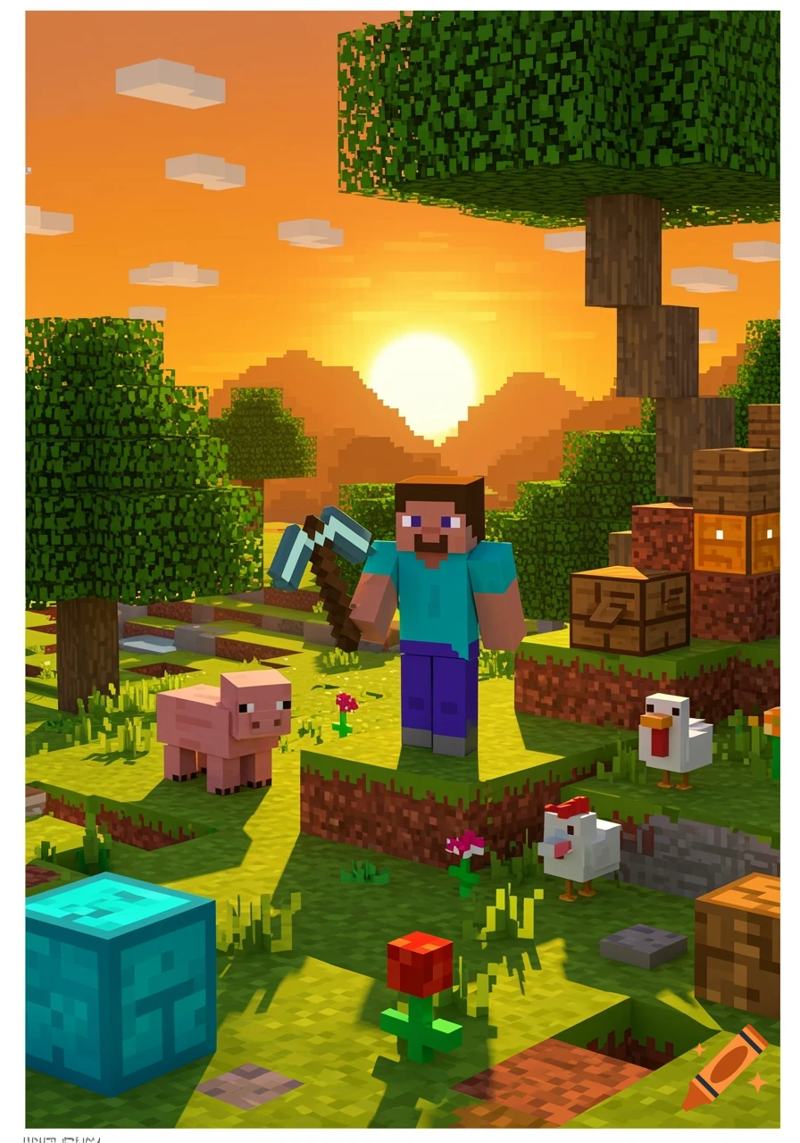 Steve from Minecraft with a pickaxe, a pig, and chickens in a blocky, grassy landscape at sunset.