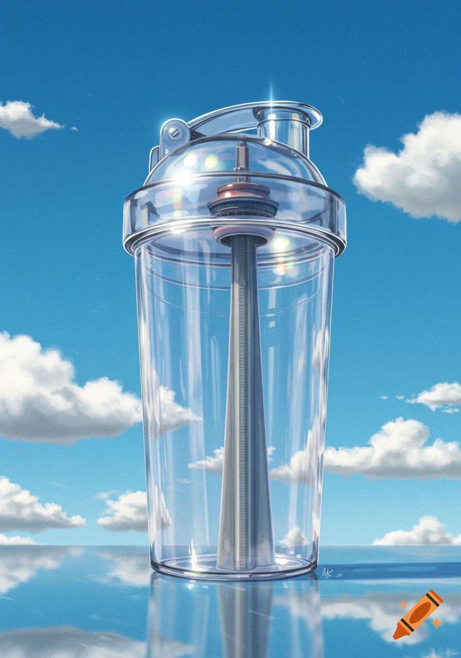 A clear plastic shaker cup contains a miniature CN Tower under a blue sky with clouds and reflections.
