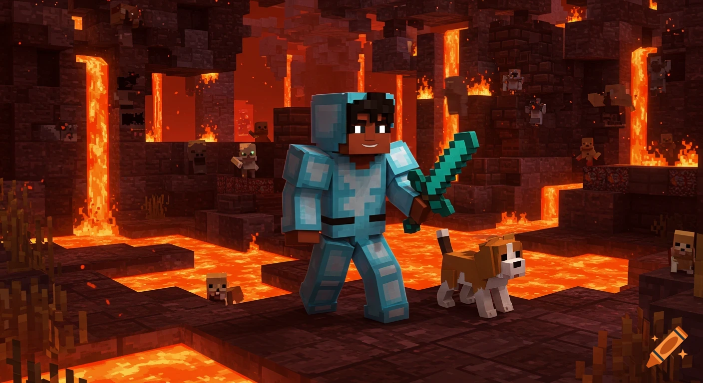 A Minecraft character in diamond armor with a diamond sword and a beagle exploring a lava-filled Nether fortress with mobs.