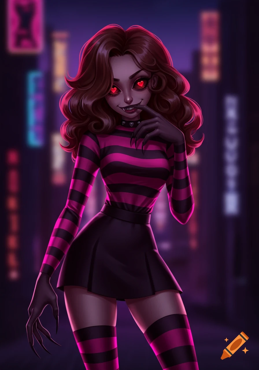 A stylized gothic woman with wavy brown hair, red heart pupils, sharp teeth, and clawed hands, wearing a pink and black striped top and matching thigh-high socks, standing in a dark city street.