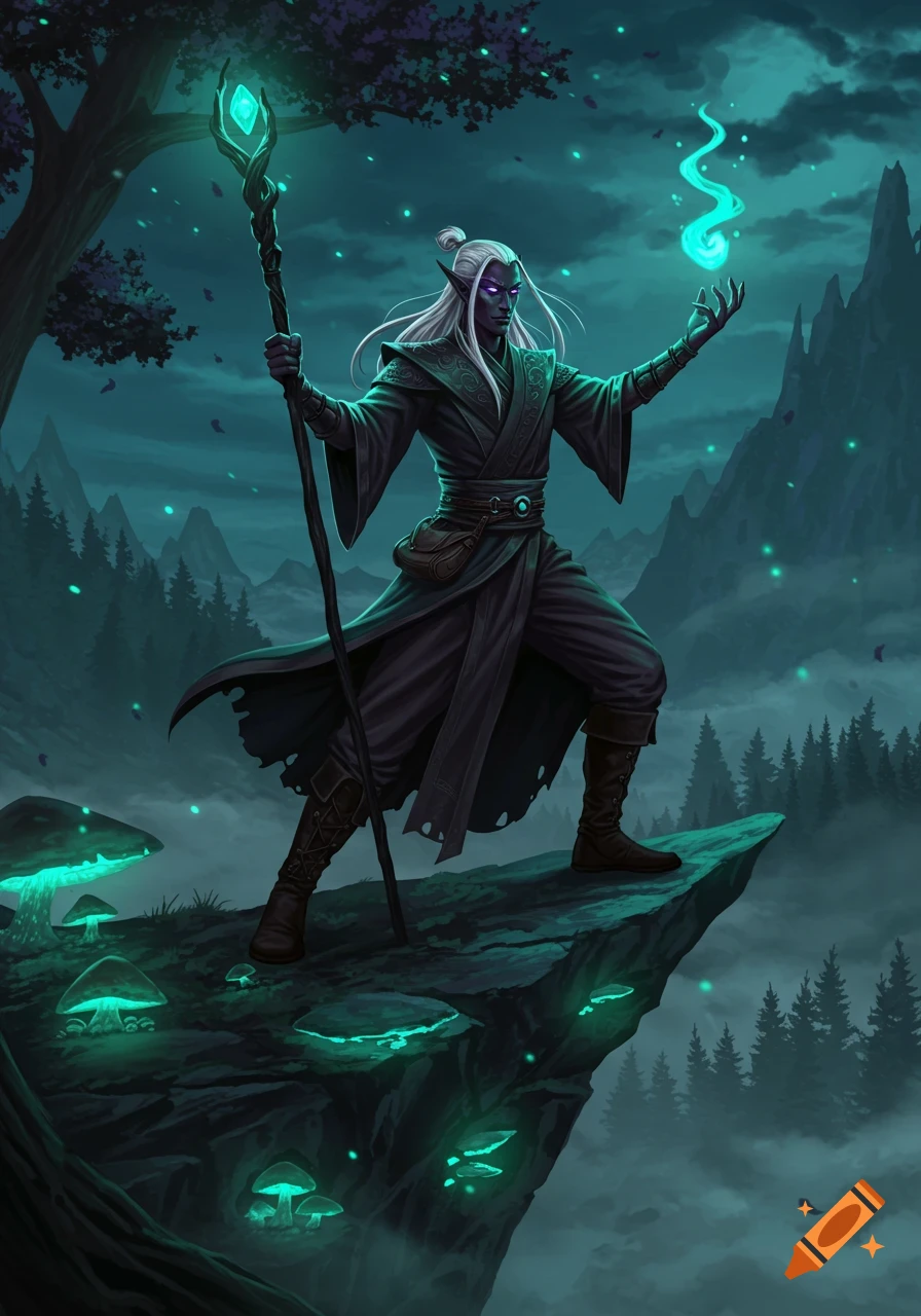 A dark elf character with white hair and glowing eyes stands on a cliff with a staff, surrounded by glowing mushrooms and mountains in a fantasy art style.