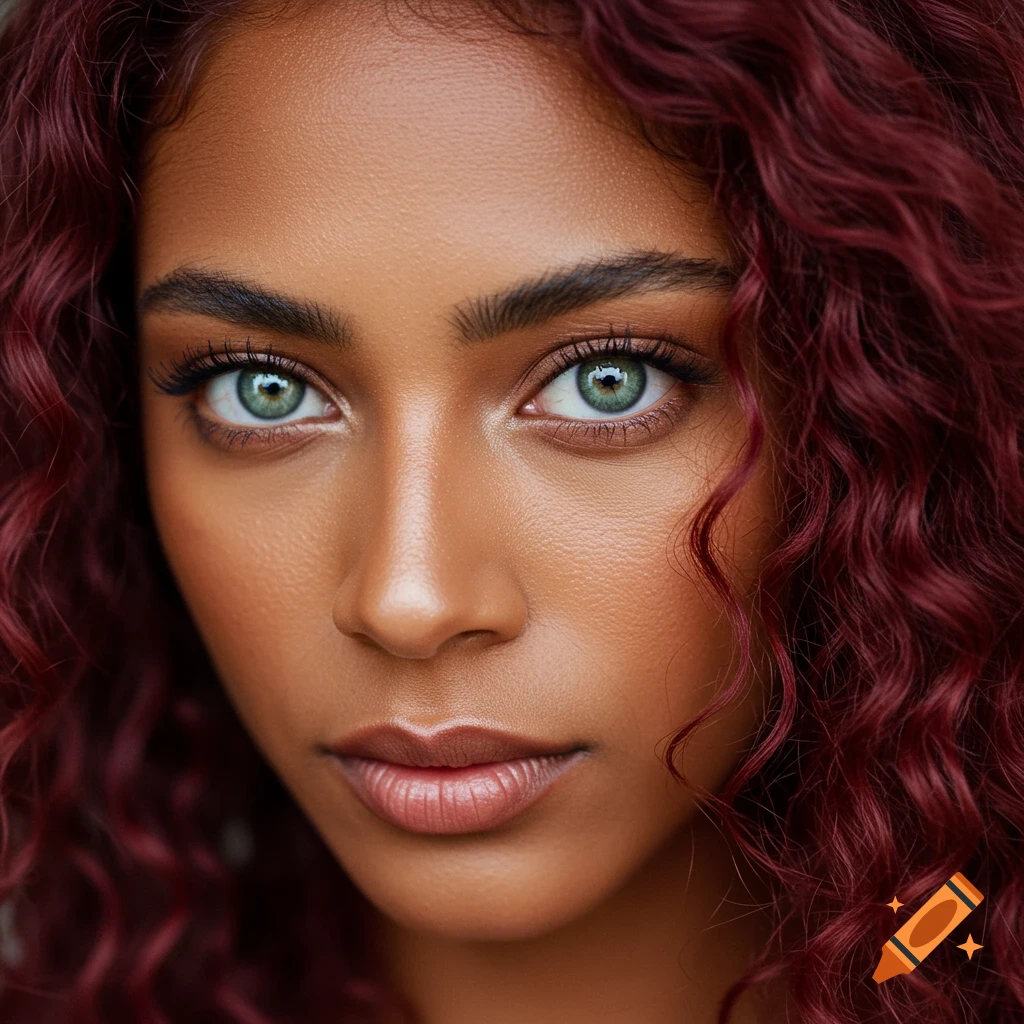 Close-up photorealistic portrait of a tan young woman with red curly hair and green eyes.