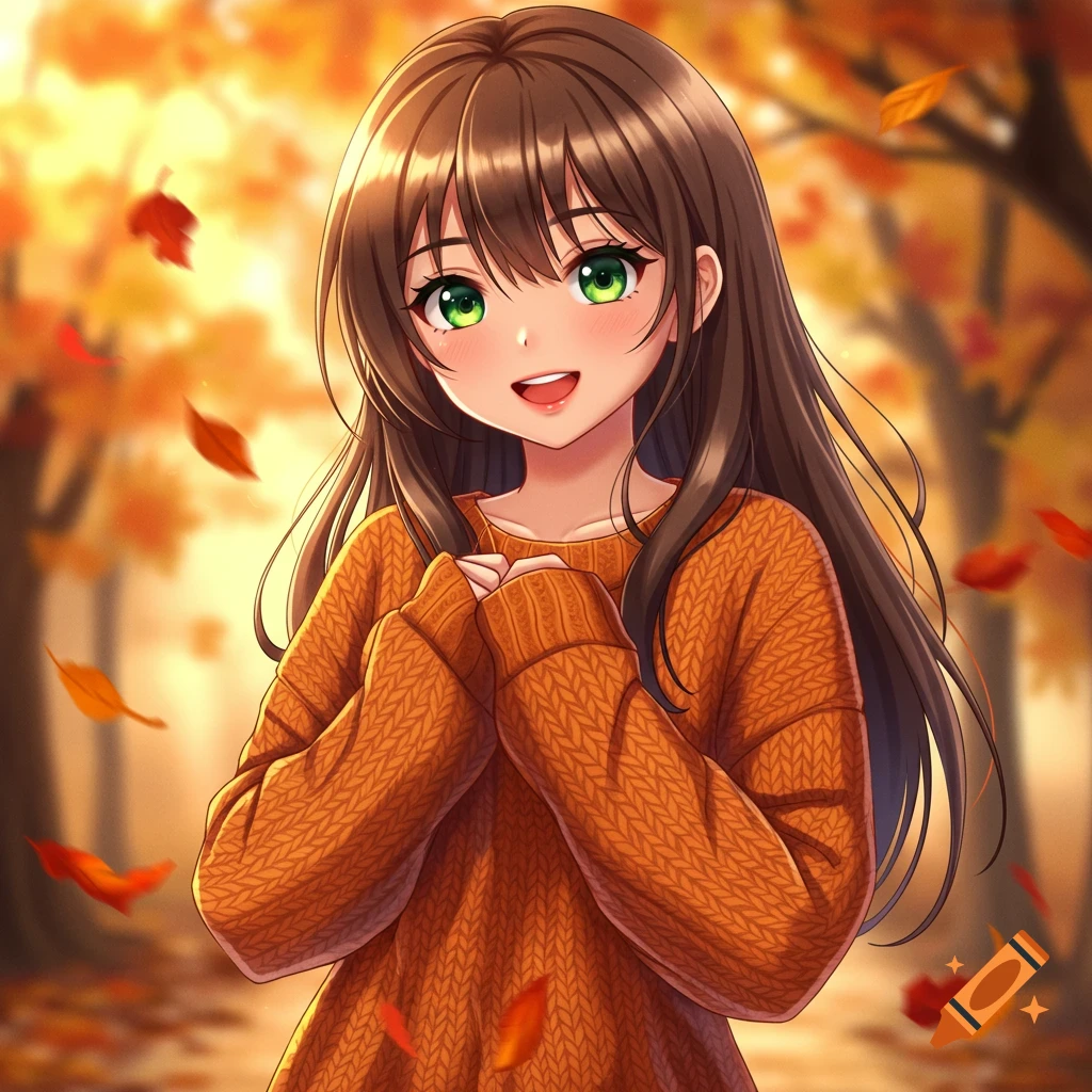 A smiling brunette anime girl with green eyes in an orange sweater stands amidst falling autumn leaves.