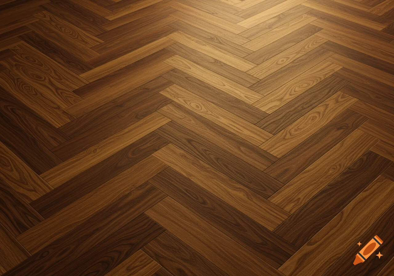 A close-up shot of a polished wooden floor with a herringbone pattern, showcasing varying shades of brown planks.