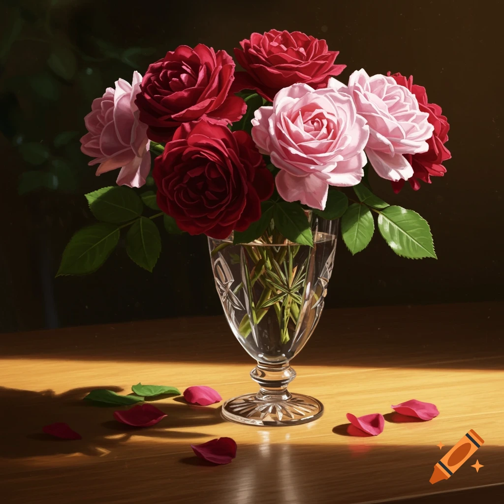 A vibrant bouquet of red and pink roses arranged in a crystal vase on a sunlit wooden table with scattered petals.