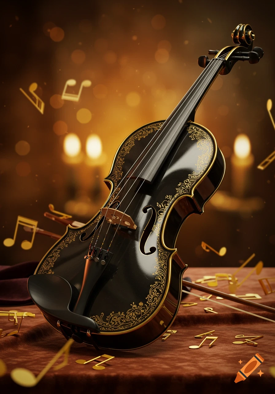 A black and gold ornate violin stands on a brown draped surface, surrounded by golden musical notes, with a warm bokeh background.