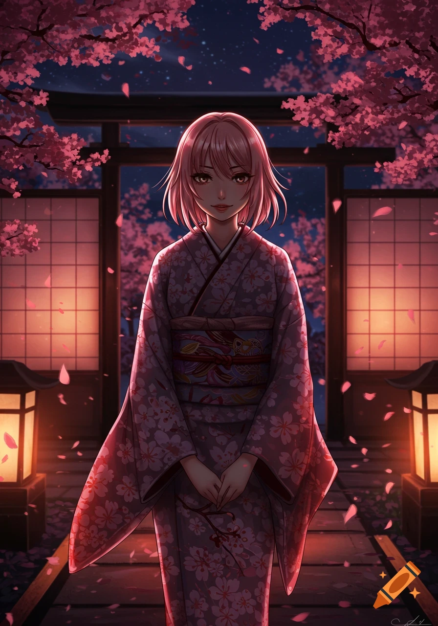 An anime girl with pink hair in a kimono stands under glowing cherry blossoms at night in a traditional Japanese setting.