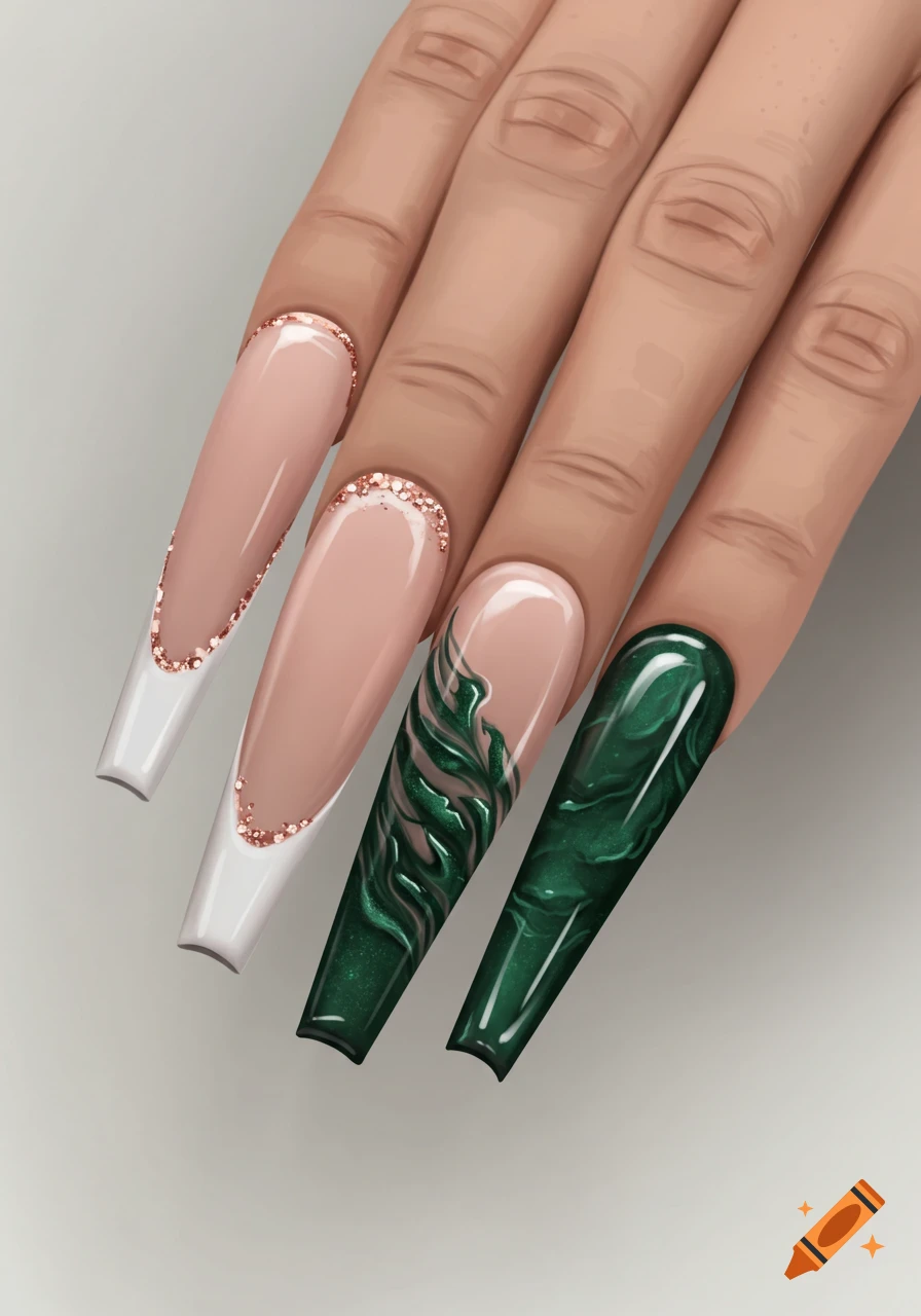 Close-up of a hand with long coffin nails. Two nails are nude with white French tips and rose gold glitter, and two are dark green with marble designs.
