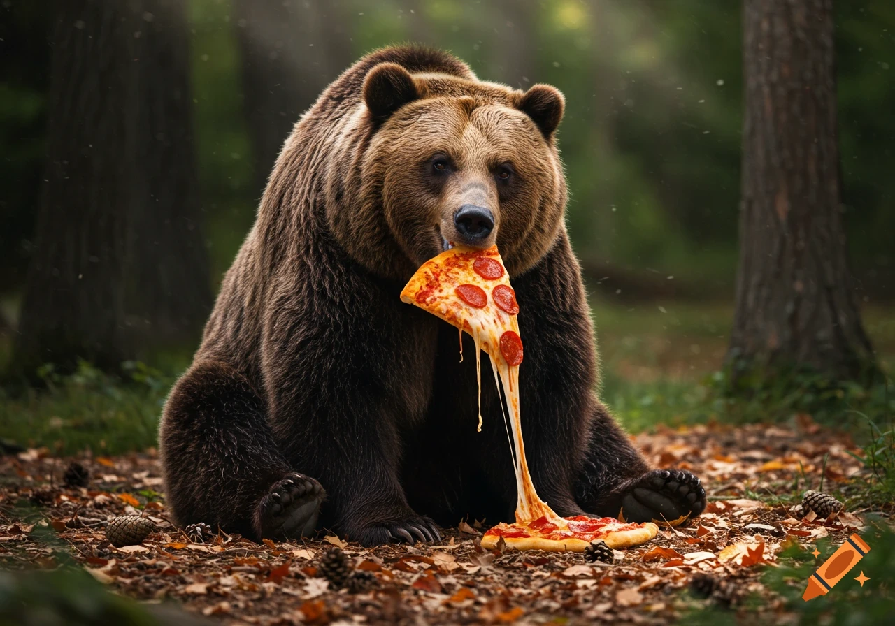 A photorealistic brown bear sits on a forest floor, taking a bite of pepperoni pizza with cheese stretching from the slice.