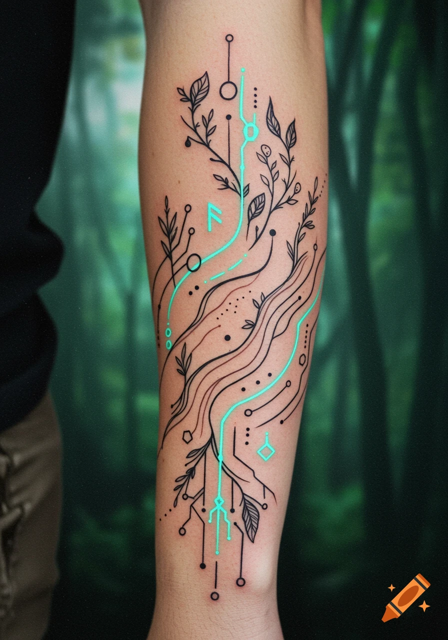 A forearm tattoo in cyber sigilism style, featuring black lines forming branches, leaves, and circuit-like patterns with glowing blue accents.