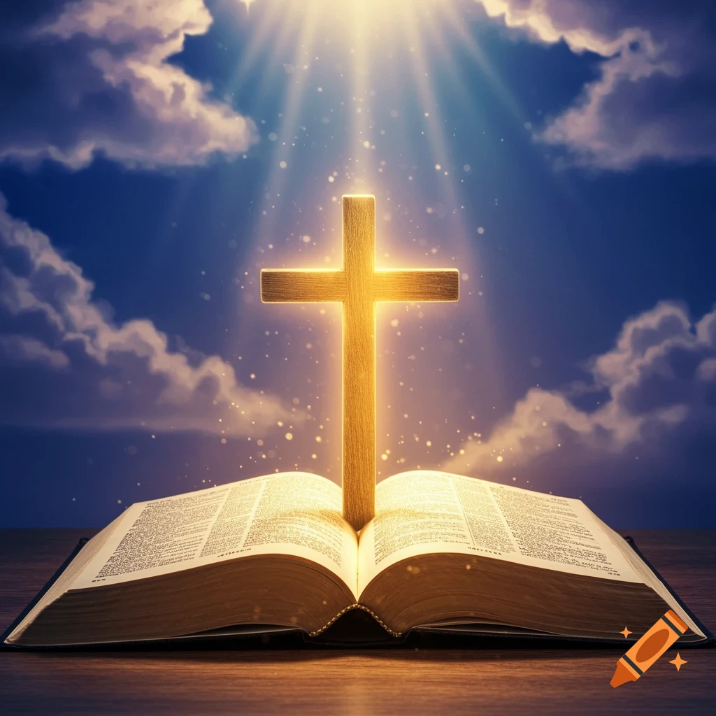 A glowing golden cross stands upright in an open Bible, with bright light rays shining down from clouds in a blue sky.