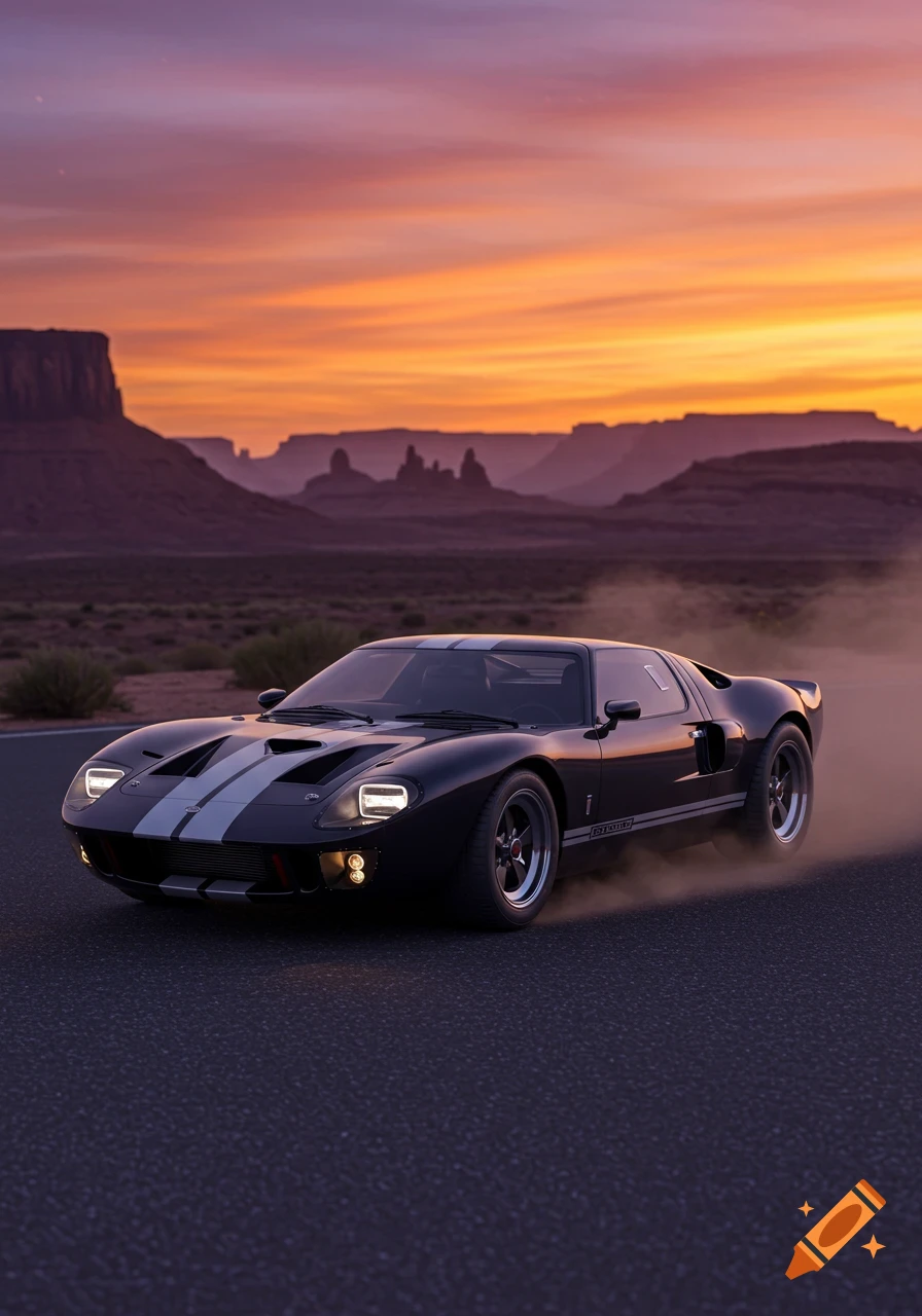 A black Ford GT40 drives on a desert road, kicking up dust at sunset, with mountains in the background.