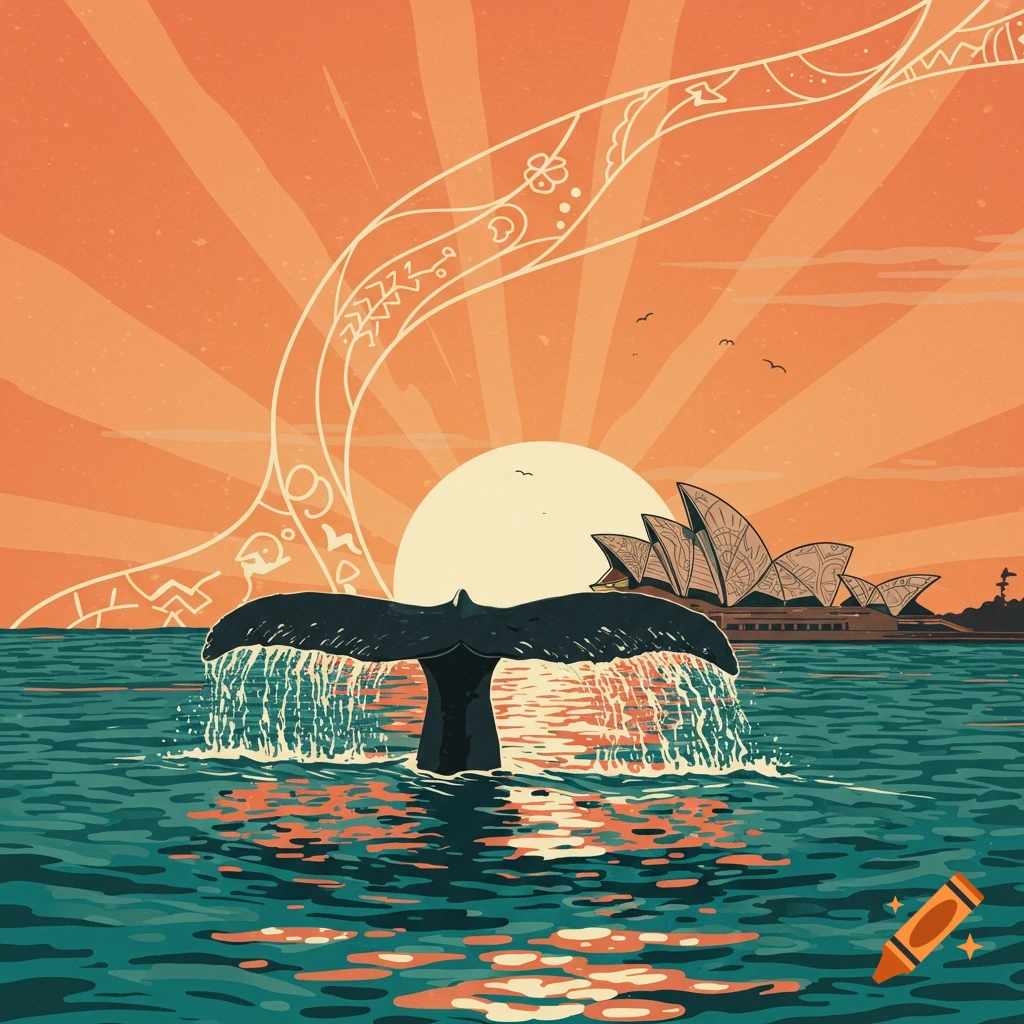 Stylized illustration of a whale tail splashing in the ocean with the Sydney Opera House at sunset, featuring abstract patterns.