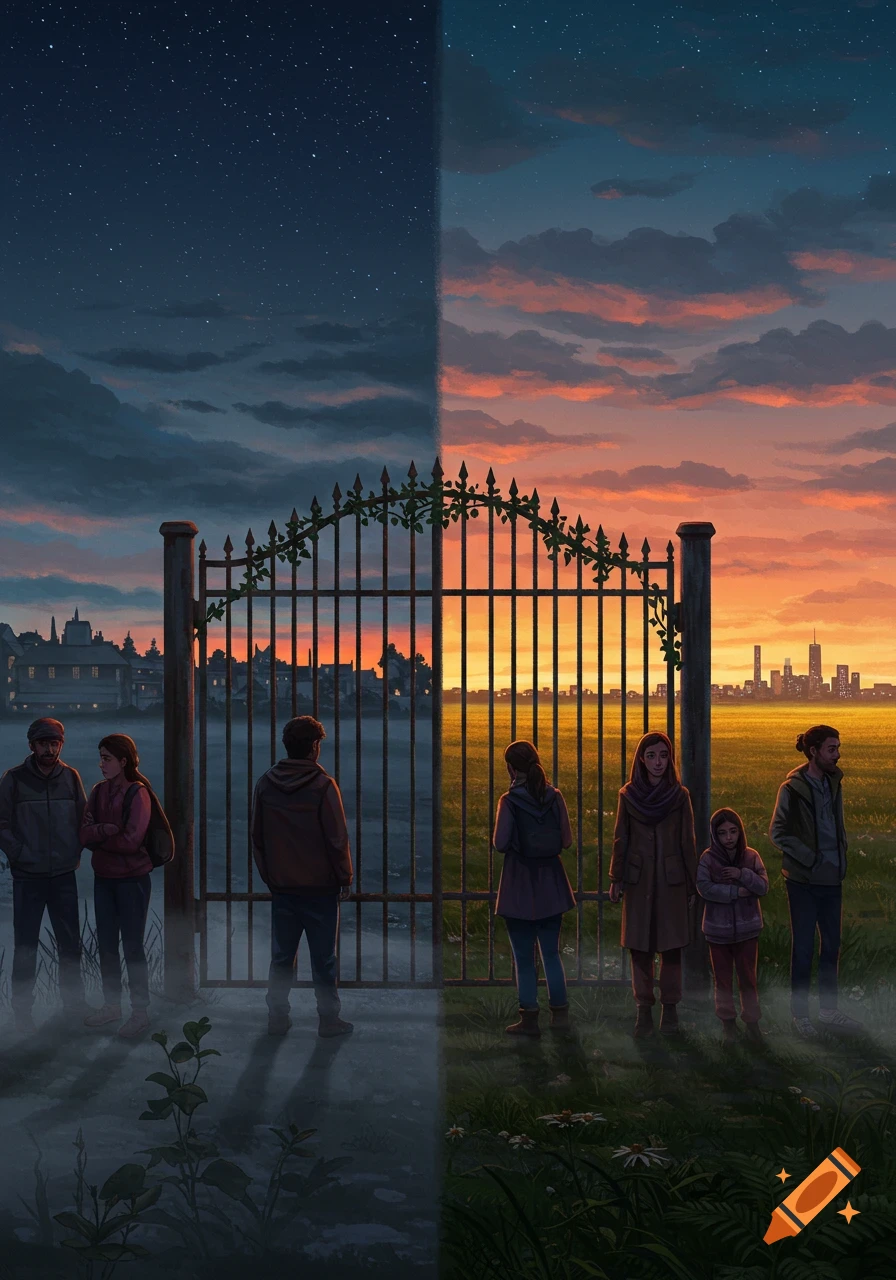 A gate divides a landscape with people: night with city lights on the left, sunrise with field and city on the right. Illustration style.