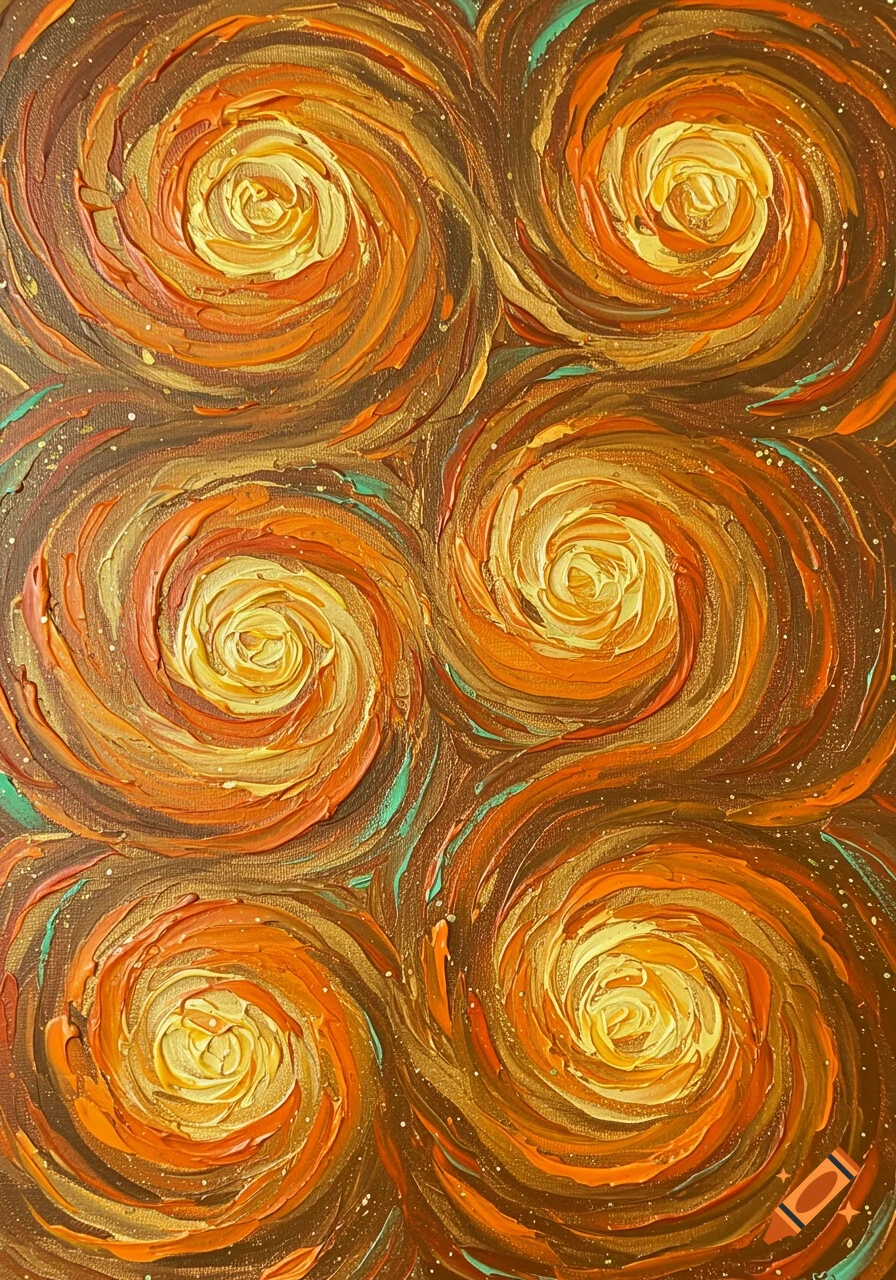 A vibrant abstract acrylic painting featuring swirling patterns in shades of gold, orange, brown, and light green.